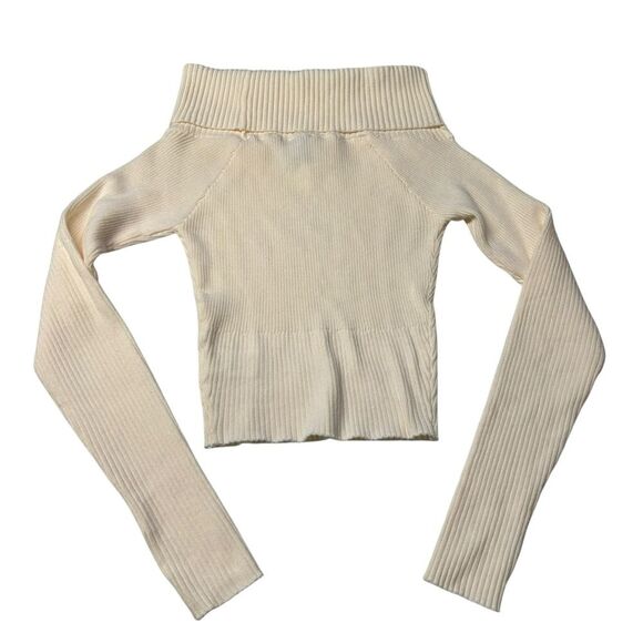 Princess Polly Size M/L Morley Off Shoulder Ribbed Sweater Cream Thumb Holes - Picture 3 of 10